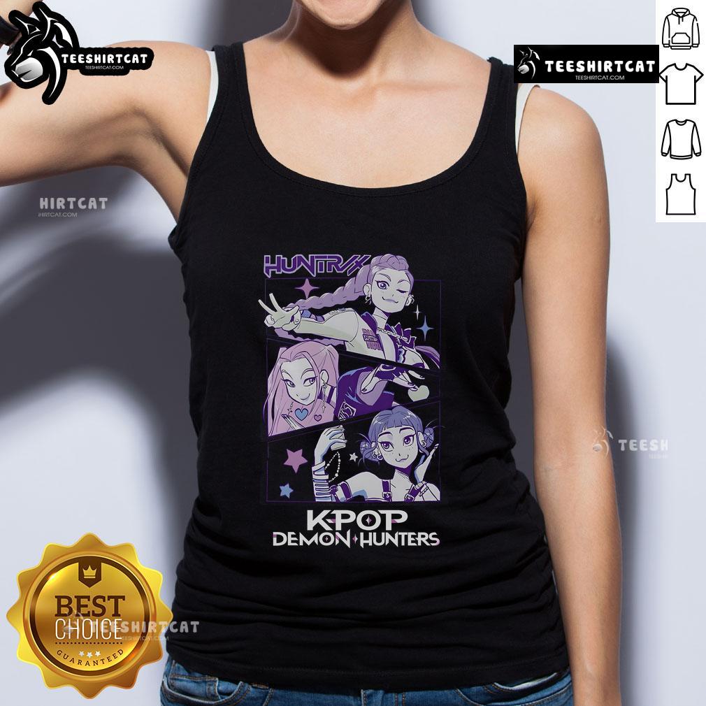 Pretty K-Pop demon hunters in stylish Huntrix tank tops showcasing vibrant colors and dynamic fashion.