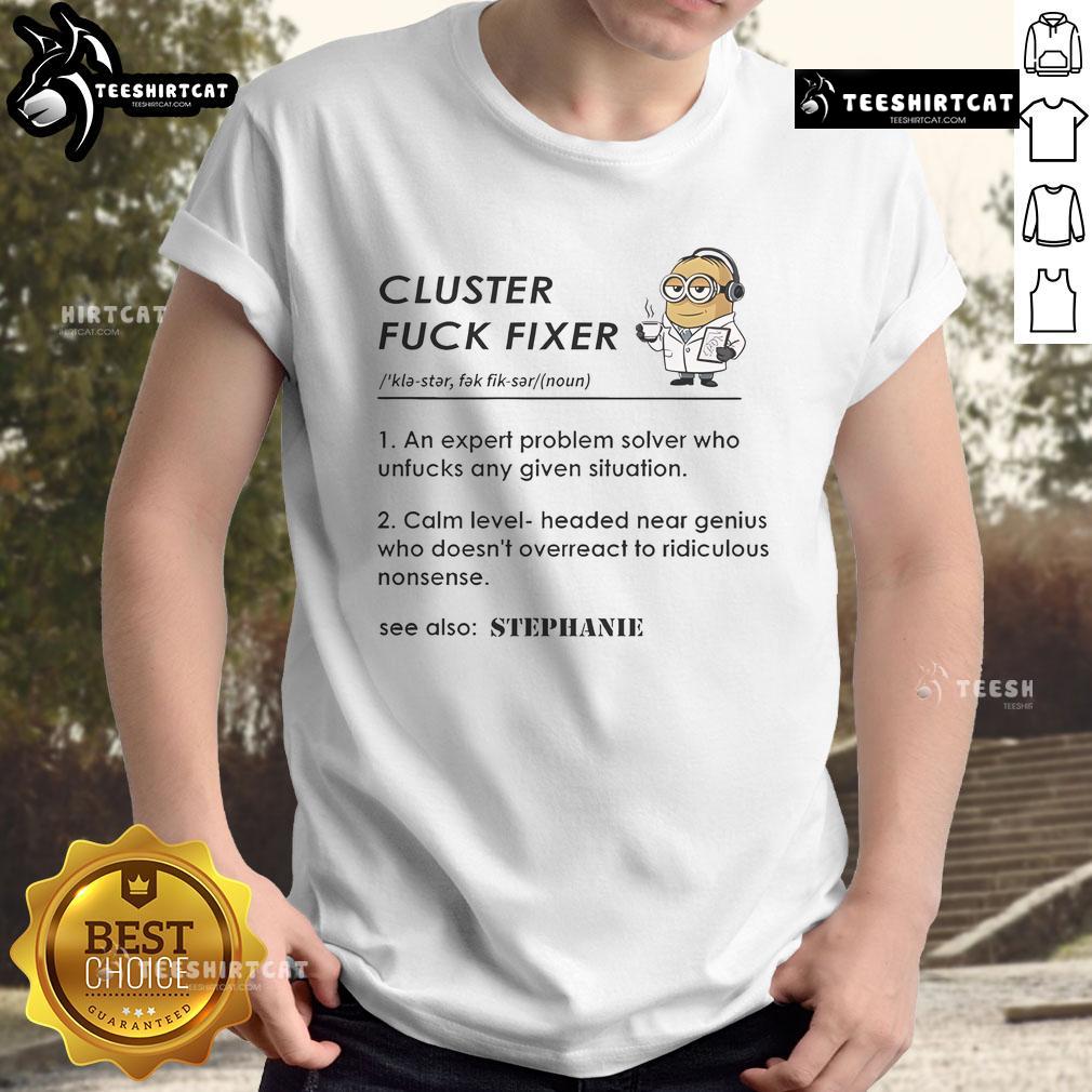 Funny Minion Cluster Fck Fixer T-Shirt featuring vibrant Minion graphics and humorous text for playful fashion fans.