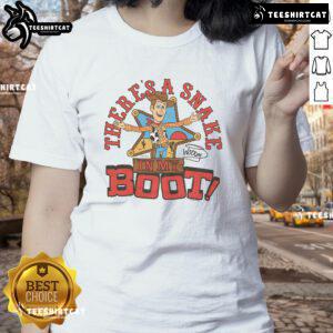 Funny Toy Story Woody 'There's a Snake in My Boot' Ladies Tee featuring a playful graphic of Woody from Toy Story.