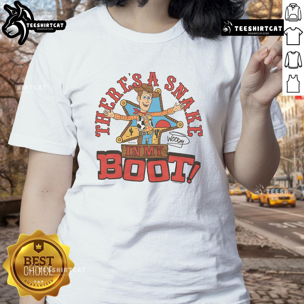 Funny Toy Story Woody 'There's a Snake in My Boot' Ladies Tee featuring a playful graphic of Woody from Toy Story.
