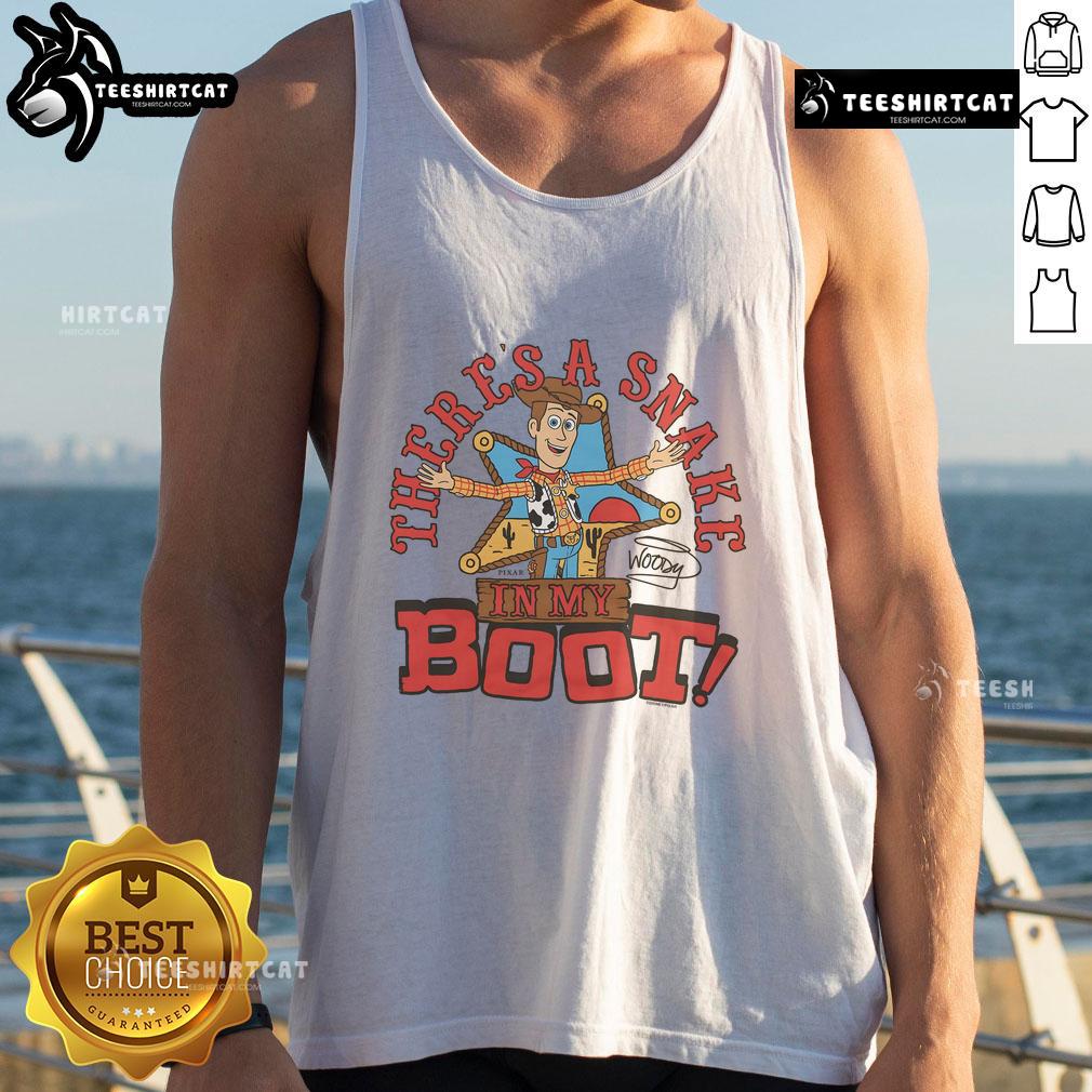 Funny Toy Story Woody tank top featuring the iconic 'There's a snake in my boot!' quote. Perfect for fans and collectors.