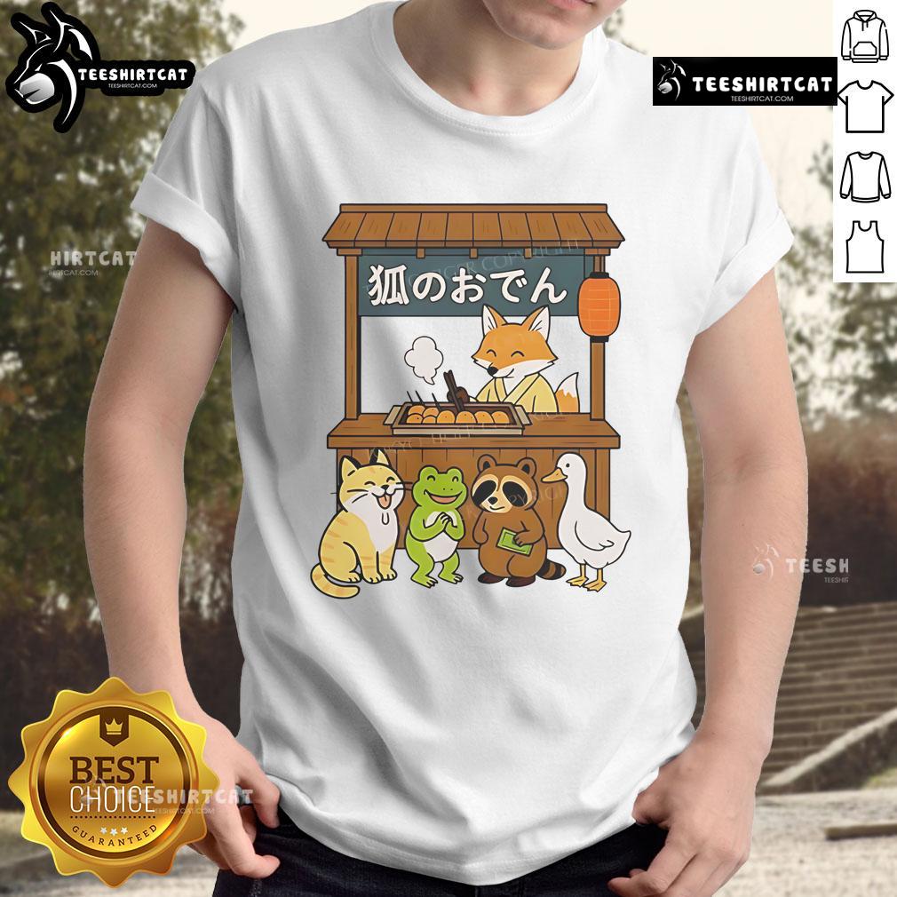 Good Fox Oden Shop cute Japanese style t-shirt featuring a whimsical fox design, perfect for casual wear.