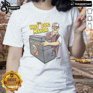 Alt Text: Good Mike the Hot Dog Mayor Ladies Tee featuring a fun hot dog graphic and vibrant colors for casual wear.