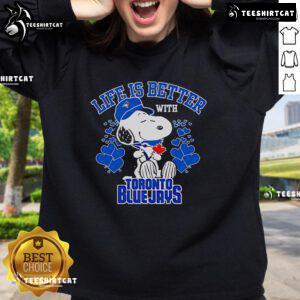 Cozy sweatshirt featuring Snoopy and Toronto Blue Jays logo, perfect for fans enjoying life in style.