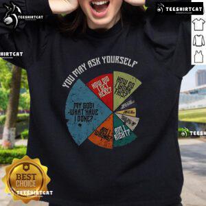 Vintage sweatshirt featuring the phrase My God, What Have I Done? How Did I Get Here? How Do I Work This? for self-reflection.