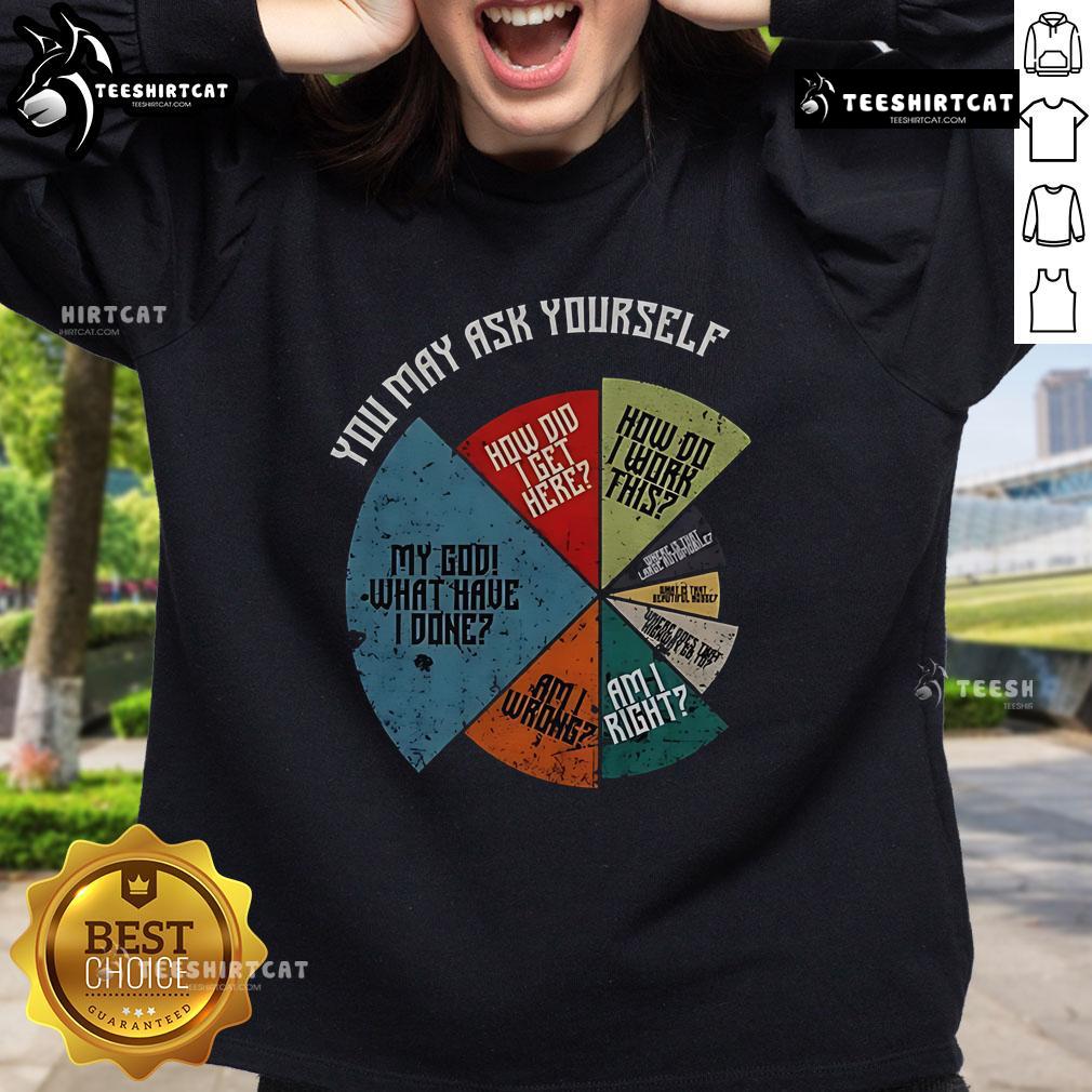 Vintage sweatshirt featuring the phrase My God, What Have I Done? How Did I Get Here? How Do I Work This? for self-reflection.