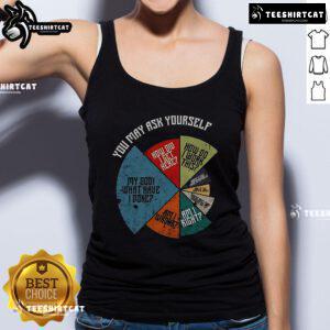 Vintage tank top with the phrase My God, What Have I Done? in bold lettering, perfect for casual wear.
