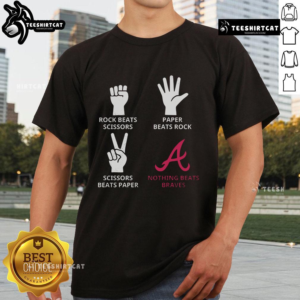 Atlanta Braves T-Shirt featuring fun rock, paper, scissors design with 'Nothing Beats Braves' slogan. Perfect for fans!