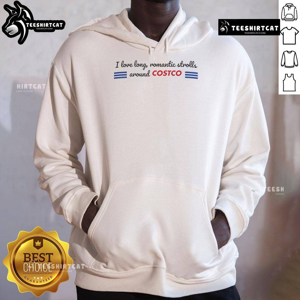 Alt Text: Cozy 'I Love Long Romantic Strolls' hoodie from Costco, perfect for casual outings and romantic walks.