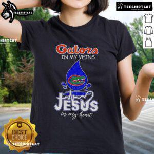 Nice Florida Gators in My Veins Jesus in My Heart ladies tee featuring vibrant colors and a stylish design for fans.