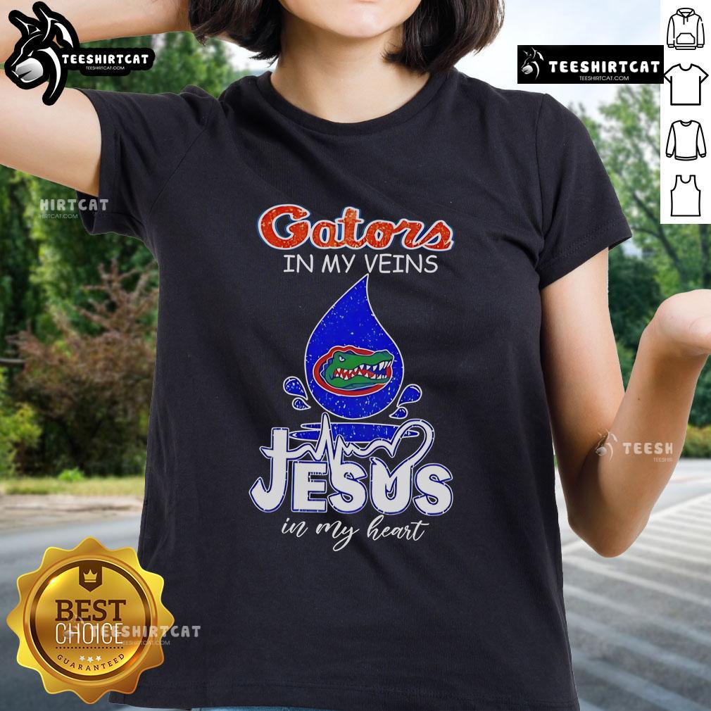 Nice Florida Gators in My Veins Jesus in My Heart ladies tee featuring vibrant colors and a stylish design for fans.