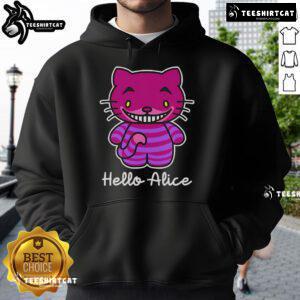 Nice Hello Alice Cheshire Cat Hello Kitty Alice in Wonderland hoodie featuring colorful, whimsical designs.
