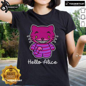 Hello Kitty Cheshire Cat Ladies Tee featuring Alice in Wonderland design, perfect for whimsical fashion lovers.