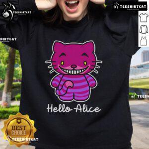 Nice Hello Alice Cheshire Cat Hello Kitty sweatshirt featuring whimsical Alice in Wonderland design for fans.