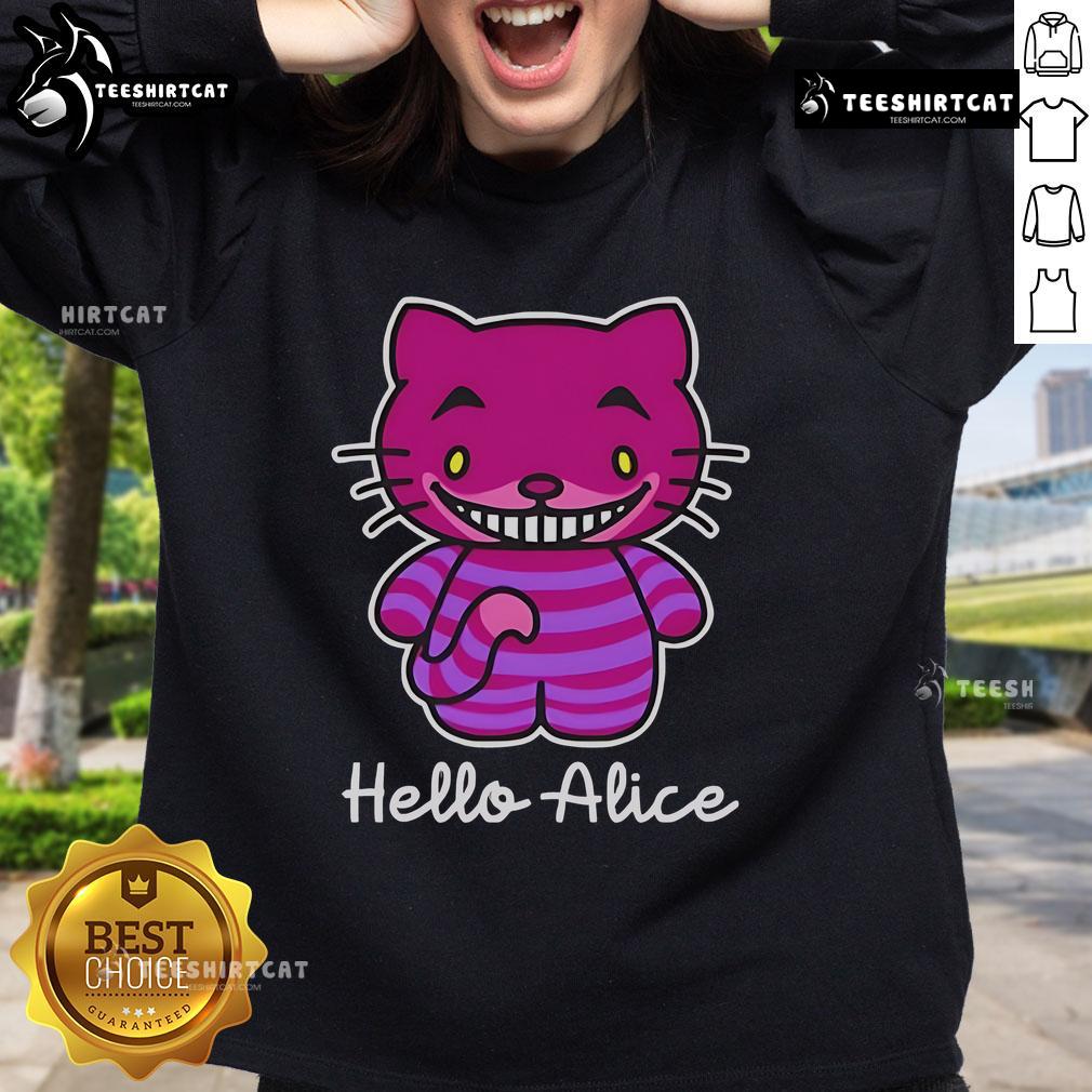 Nice Hello Alice Cheshire Cat Hello Kitty sweatshirt featuring whimsical Alice in Wonderland design for fans.