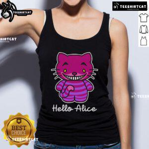 Hello Kitty Cheshire Cat tank top featuring Alice in Wonderland design - cute and colorful fashion for fans.