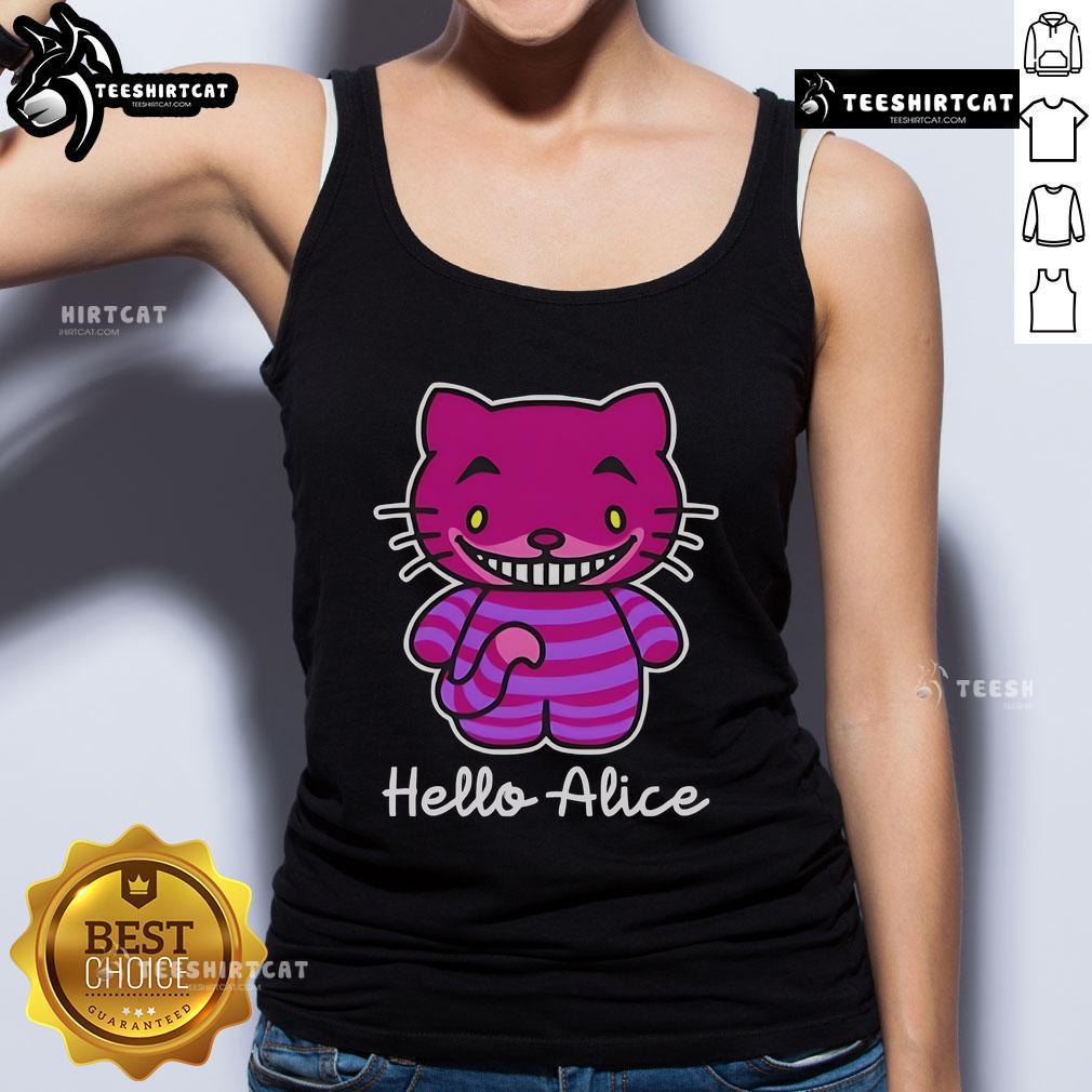 Hello Kitty Cheshire Cat tank top featuring Alice in Wonderland design - cute and colorful fashion for fans.