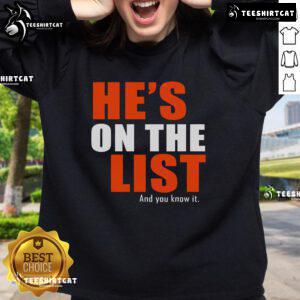 Cozy 'Nice, He's on the List and You Know It' sweatshirt, perfect for holiday gatherings and festive fashion.