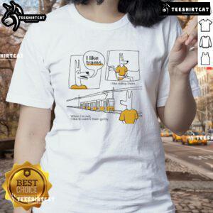 Stylish ladies' tee featuring 'Nice, I Like Trams, I Like Riding Them' design, perfect for tram enthusiasts and casual wear.