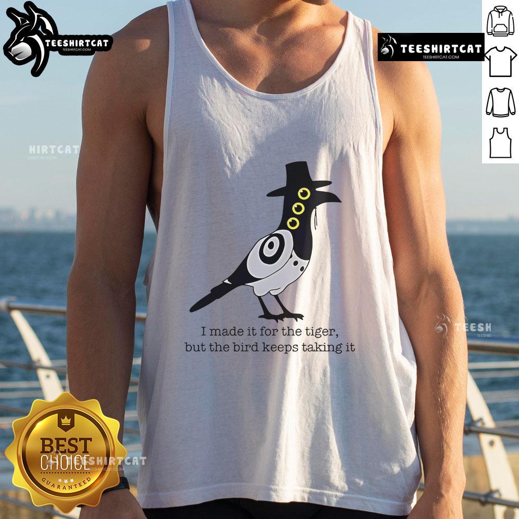 Stylish tank top featuring a playful design of a tiger and a bird, perfect for casual summer wear.