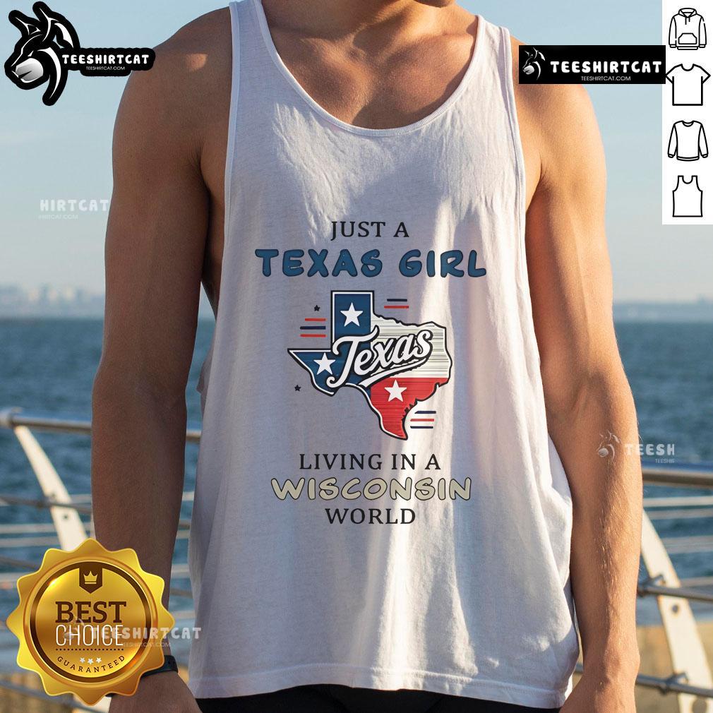 Texas girl wearing a tank top in Wisconsin, showcasing 'Just a Texas Girl Living in a Wisconsin World' design.