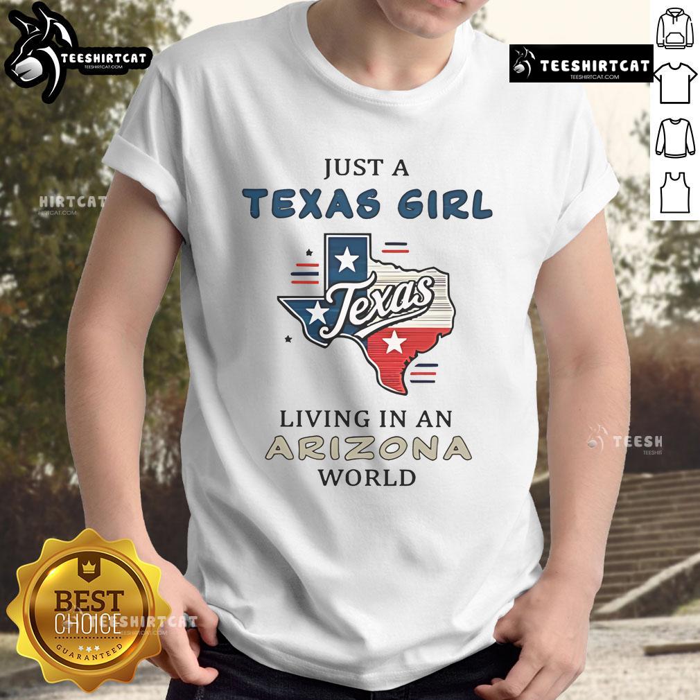 Alt Text: Texas girl living in Arizona world t-shirt featuring playful graphics and vibrant colors, perfect for casual wear.