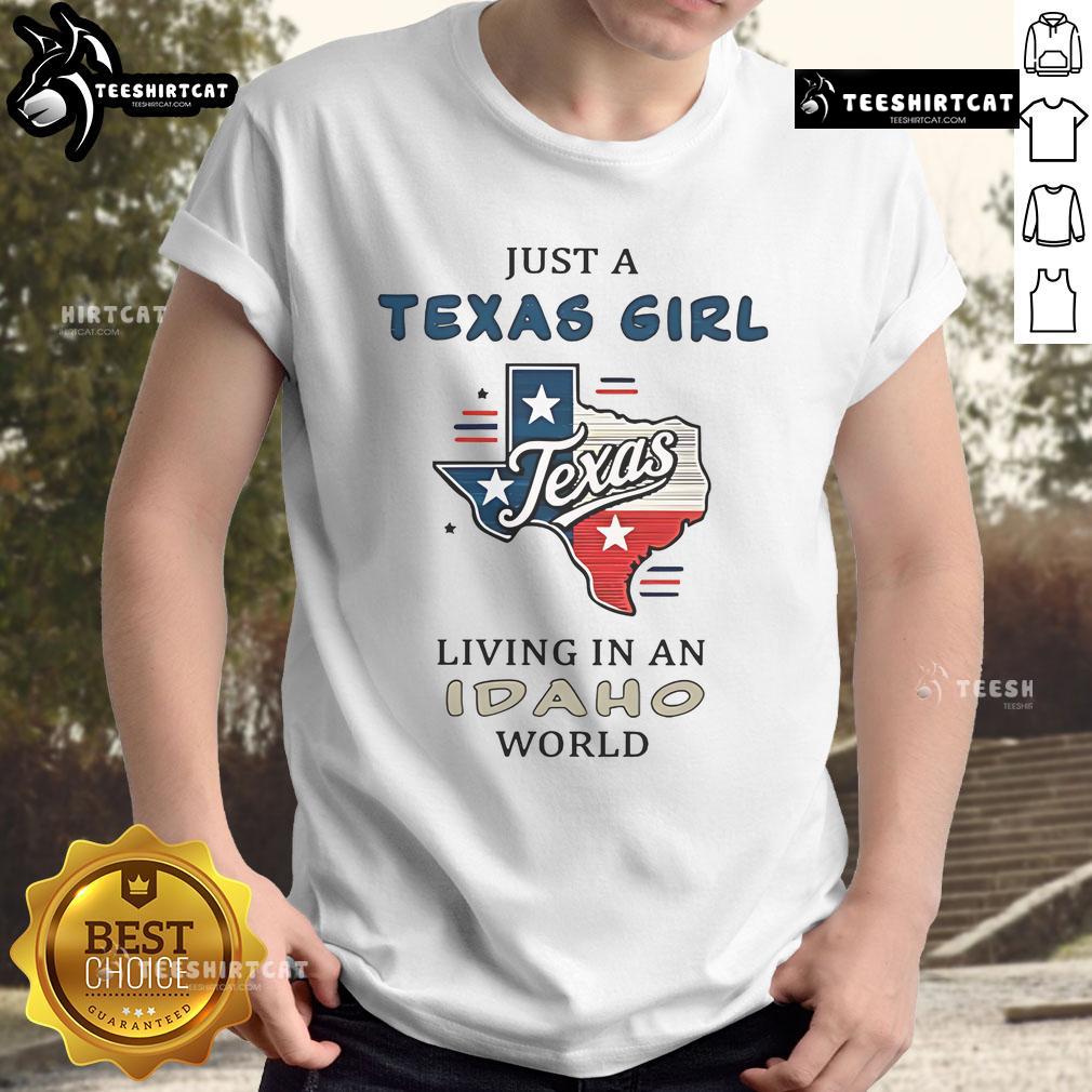 Texas girl living in Idaho world T-shirt design featuring fun typography and vibrant colors, perfect for proud Texans.