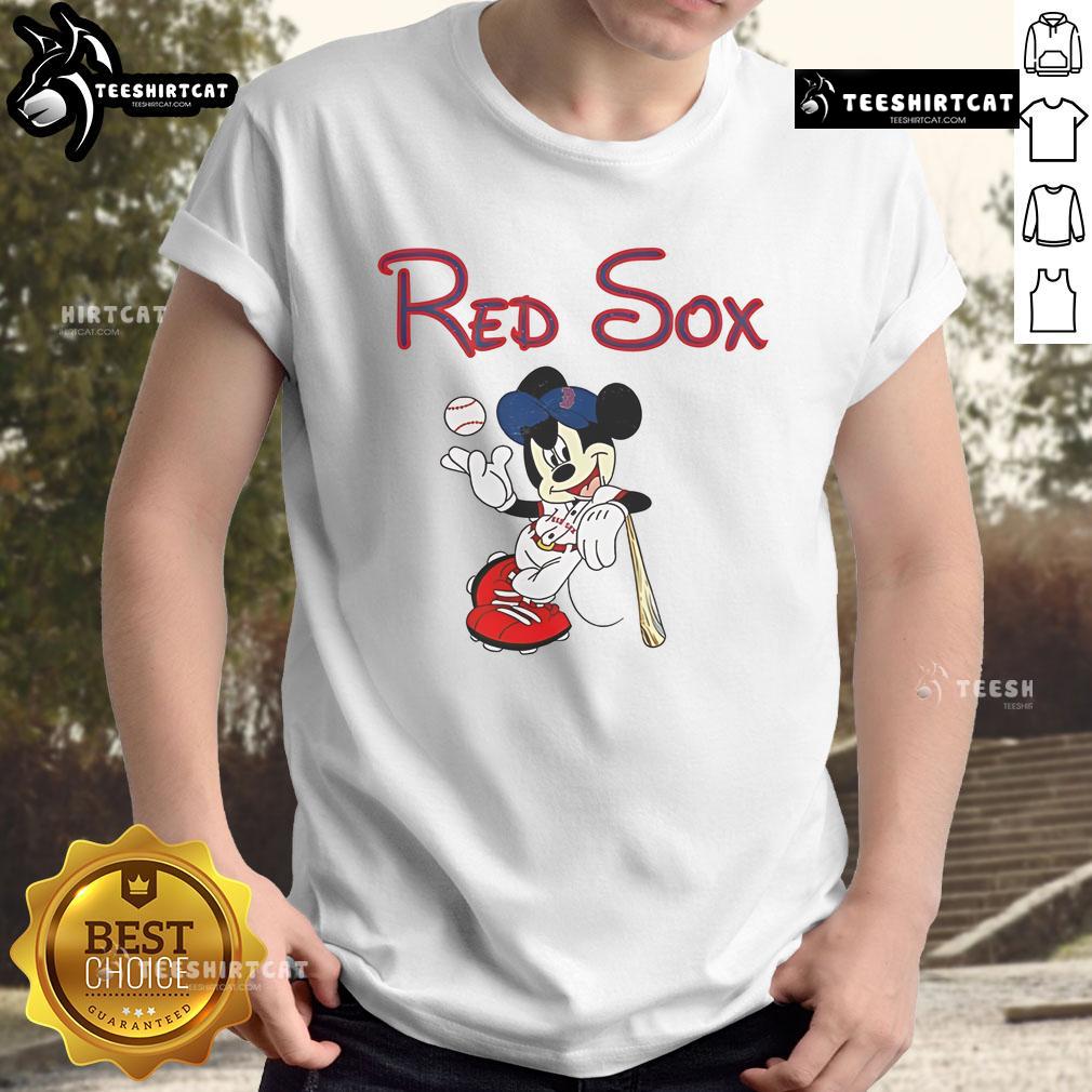Nice Mickey Boston Sox Red Baseball T-Shirt featuring a playful Mickey Mouse design, perfect for baseball fans.