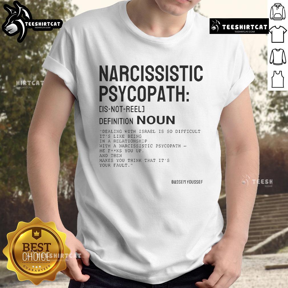 Stylish 'Nice Narcissistic Psychopath Bassem Youssef' T-shirt design featuring bold graphics and vibrant colors.