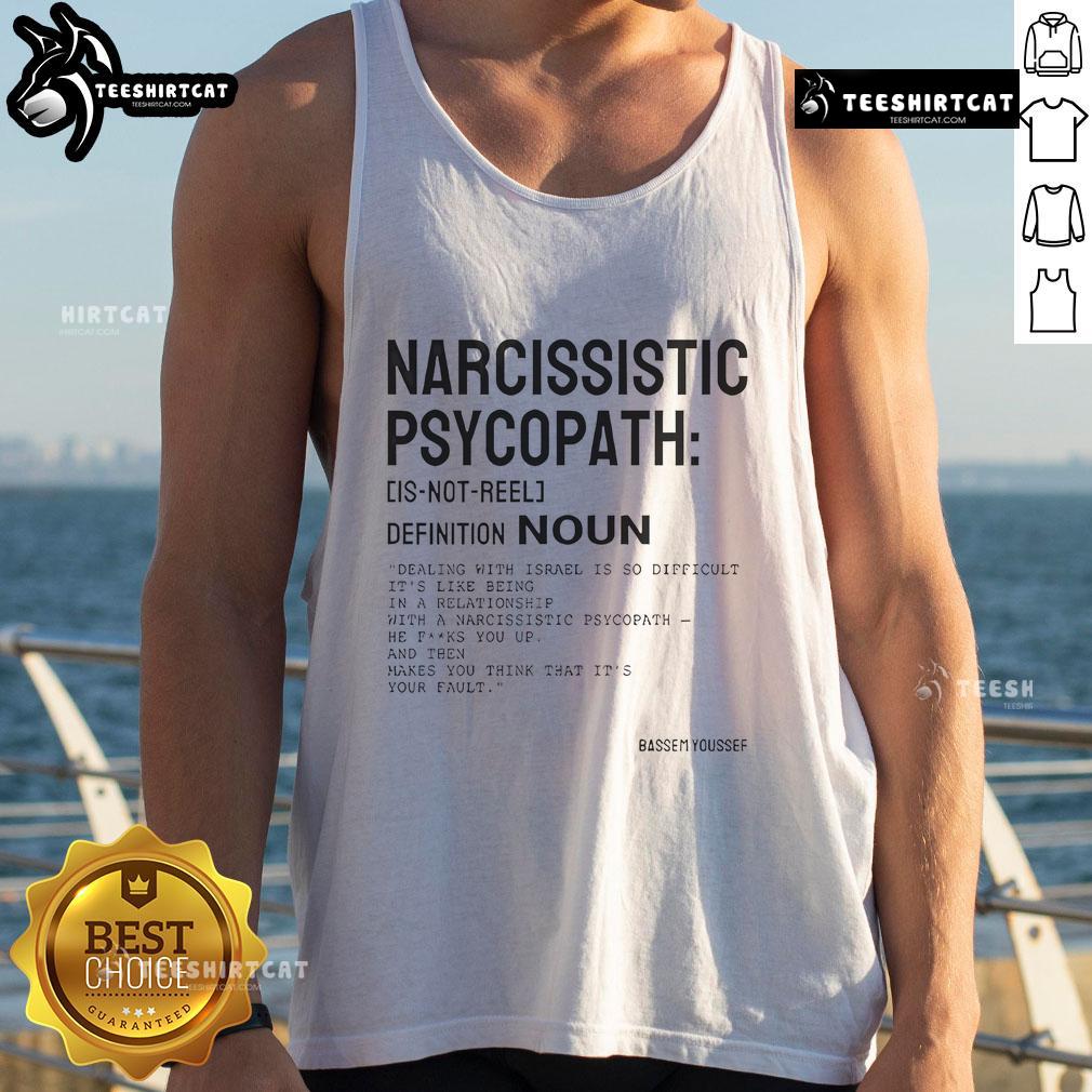 Bassem Youssef wearing a tank top with 'Nice Narcissistic Psychopath' graphic, showcasing a bold and humorous style.