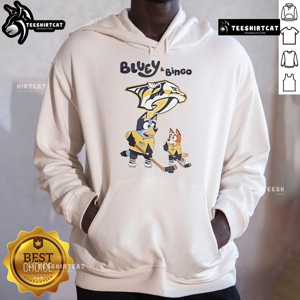 Alt Text: Nice Nashville Predators Bluey and Bingo 2025 hockey hoodie featuring vibrant graphics and cozy design.