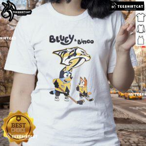 Nice Nashville Predators Bluey and Bingo 2025 Hockey Ladies Tee featuring vibrant graphics and stylish design.