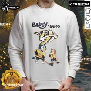 Alt Text: 2025 Nice Nashville Predators sweatshirt featuring Bluey and Bingo, perfect for hockey fans and cozy game days.