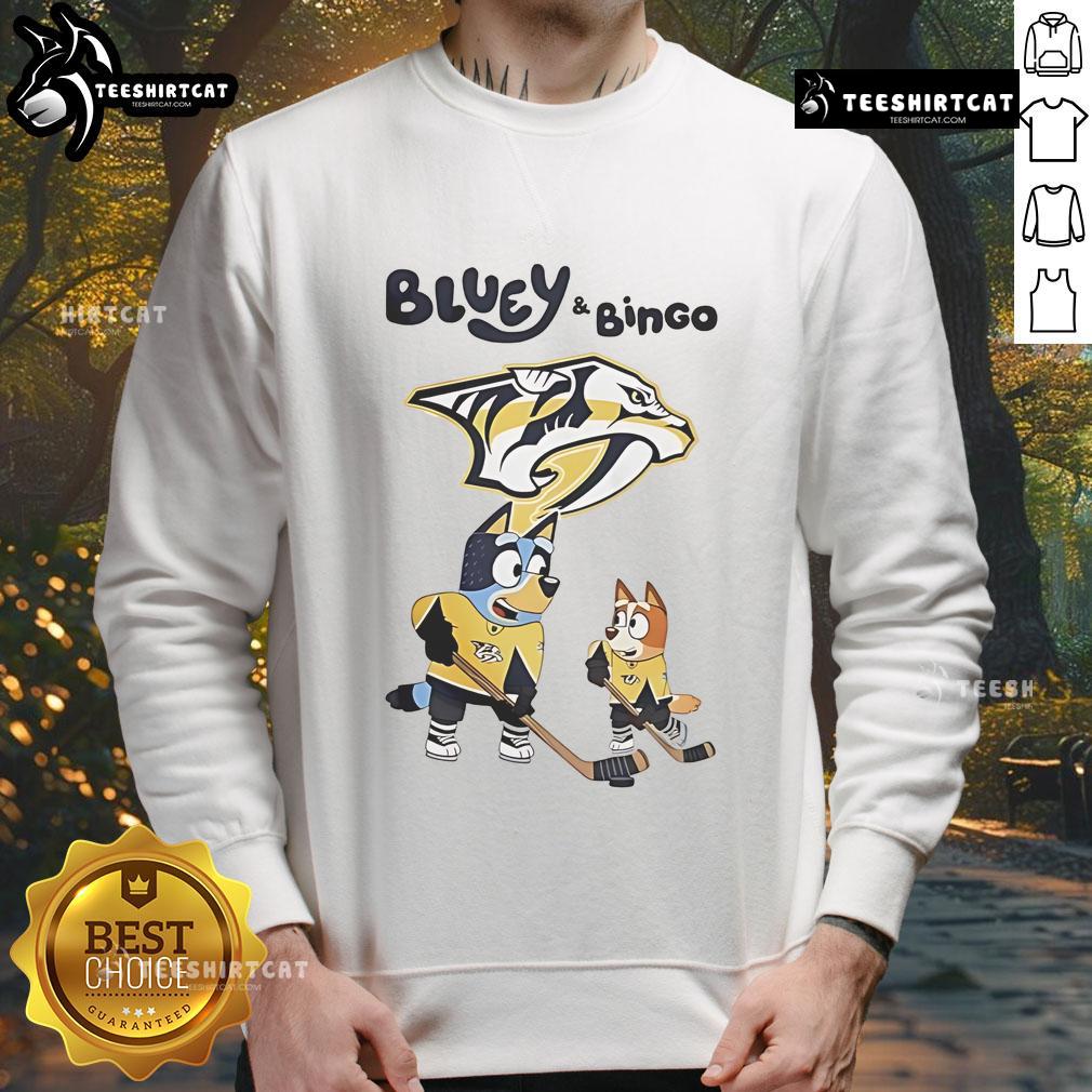 Alt Text: 2025 Nice Nashville Predators sweatshirt featuring Bluey and Bingo, perfect for hockey fans and cozy game days.