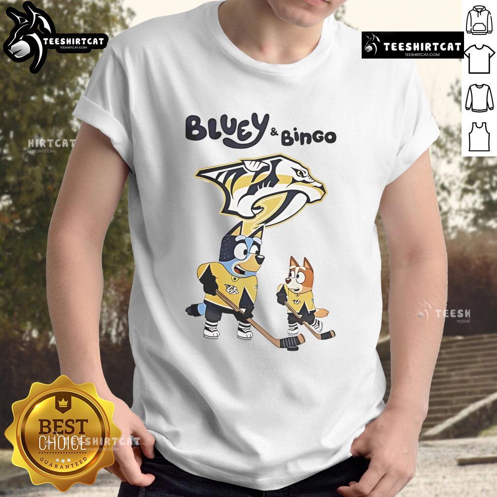 Nice Nashville Predators Bluey and Bingo 2025 Hockey T-Shirt featuring vibrant graphics and team colors.