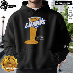 OKC Thunder Champs 2024-2025 Season trophy hoodie featuring team colors and logo, perfect for fans and collectors.