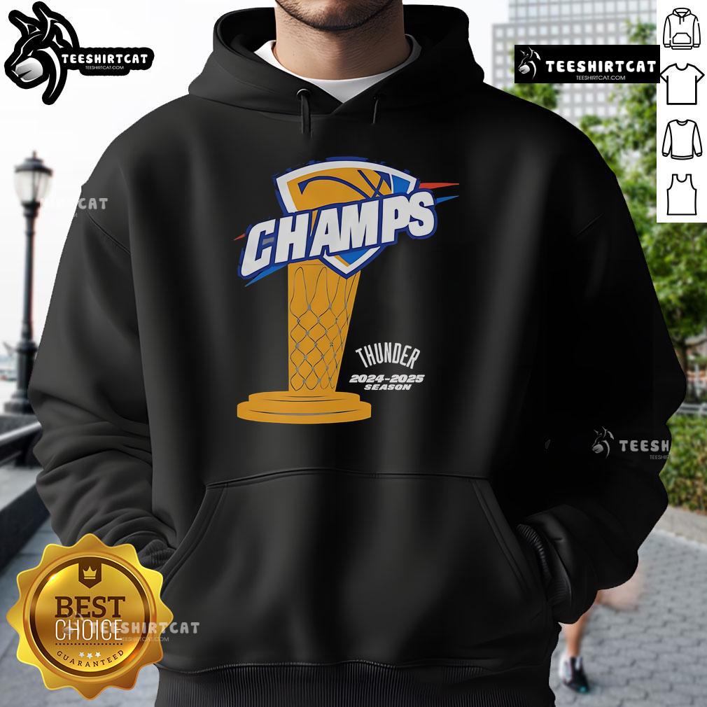 OKC Thunder Champs 2024-2025 Season trophy hoodie featuring team colors and logo, perfect for fans and collectors.