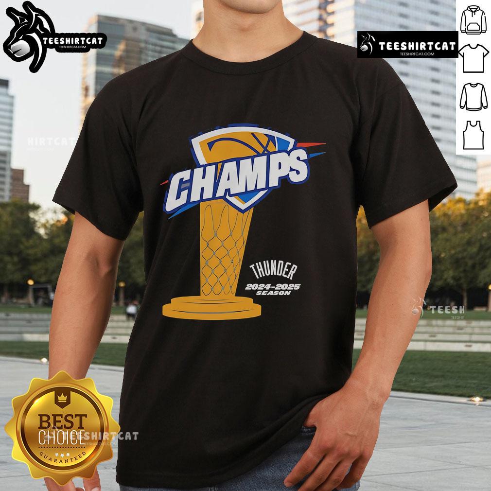Nice OKC Thunder Champs 2024-2025 Season Trophy T-Shirt featuring vibrant team colors and championship logo design.