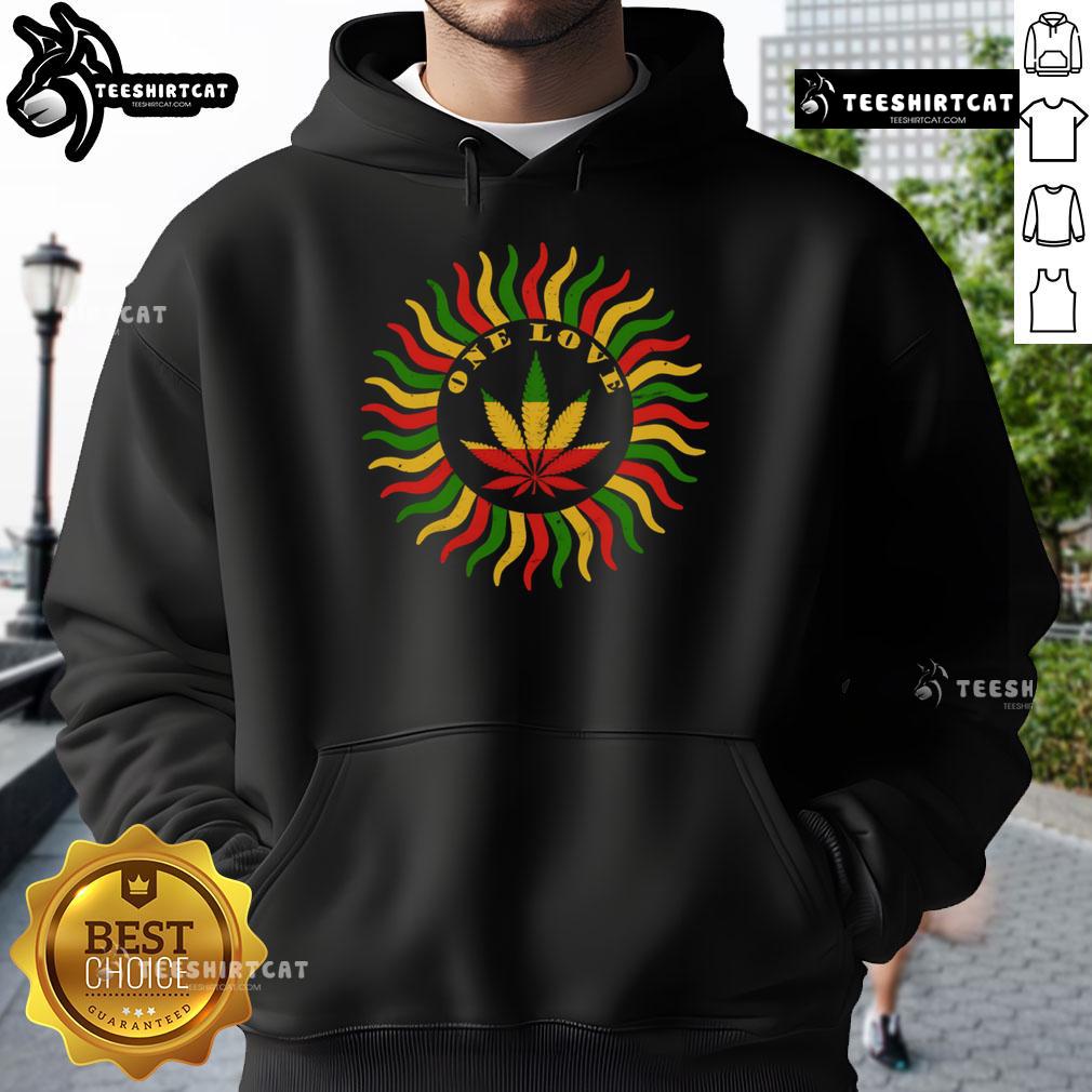 Stylish Nice One Love Rasta red, gold, and green cannabis leaf hoodie for a vibrant, laid-back look.