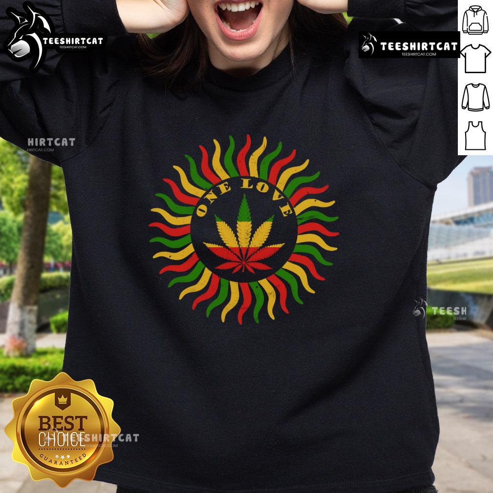Nice One Love Rasta Red Gold Green Cannabis Leaf Sweatshirt featuring vibrant colors and a stylish design for cannabis enthusiasts.