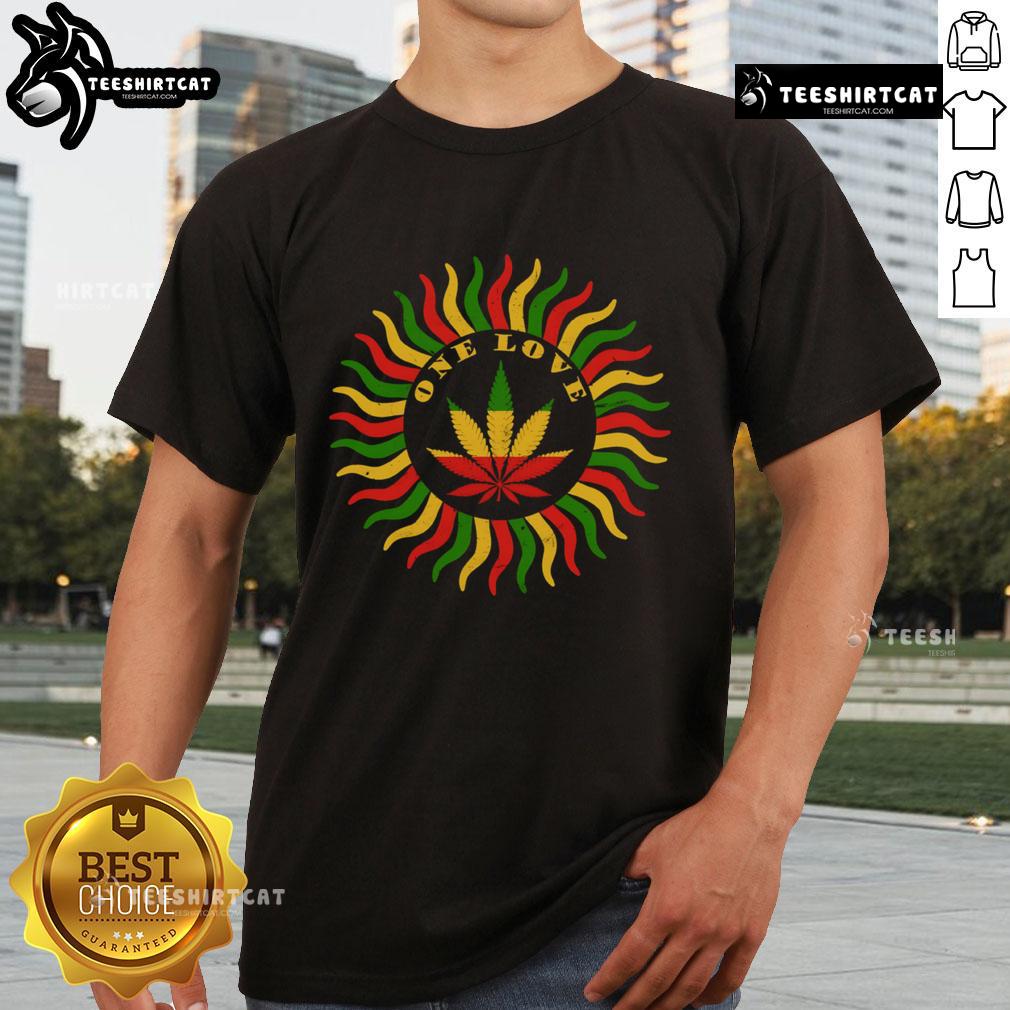 Nice One Love Rasta T-Shirt featuring a red, gold, and green cannabis leaf design, perfect for reggae and marijuana enthusiasts.