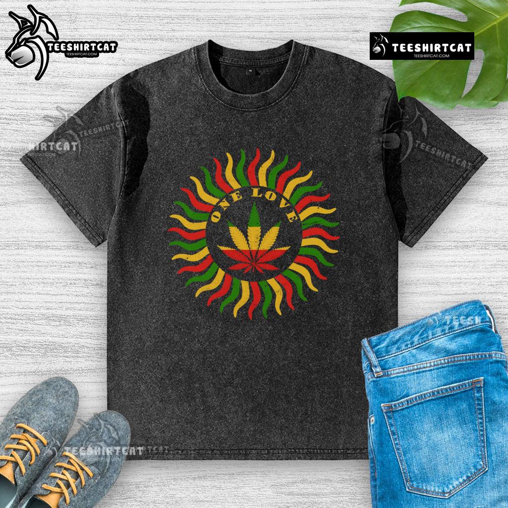 Nice One Love Rasta red, gold, and green cannabis leaf washed t-shirt for vibrant, stylish streetwear enthusiasts.
