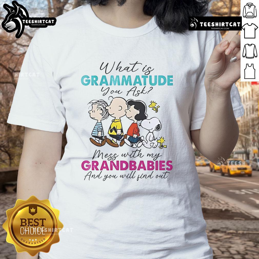 Nice Peanuts tee featuring 'Mess with my grandbabies' quote, perfect for proud grandparents. Shop unique graphic tees!