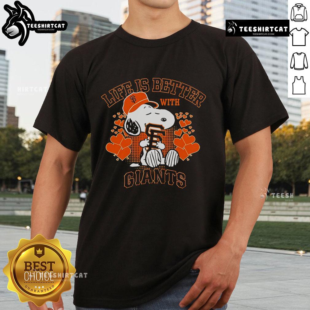 Alt Text: Nice Snoopy Life Is Better With Giants T-Shirt featuring Snoopy and Giants logo, perfect for fans and casual wear.