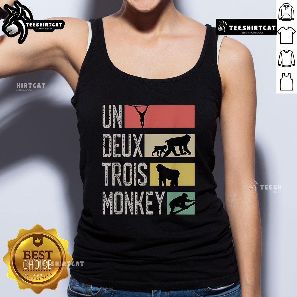 Cute monkey tank top design featuring 'Nice Un Deux Trois' text, perfect for casual summer outfits.