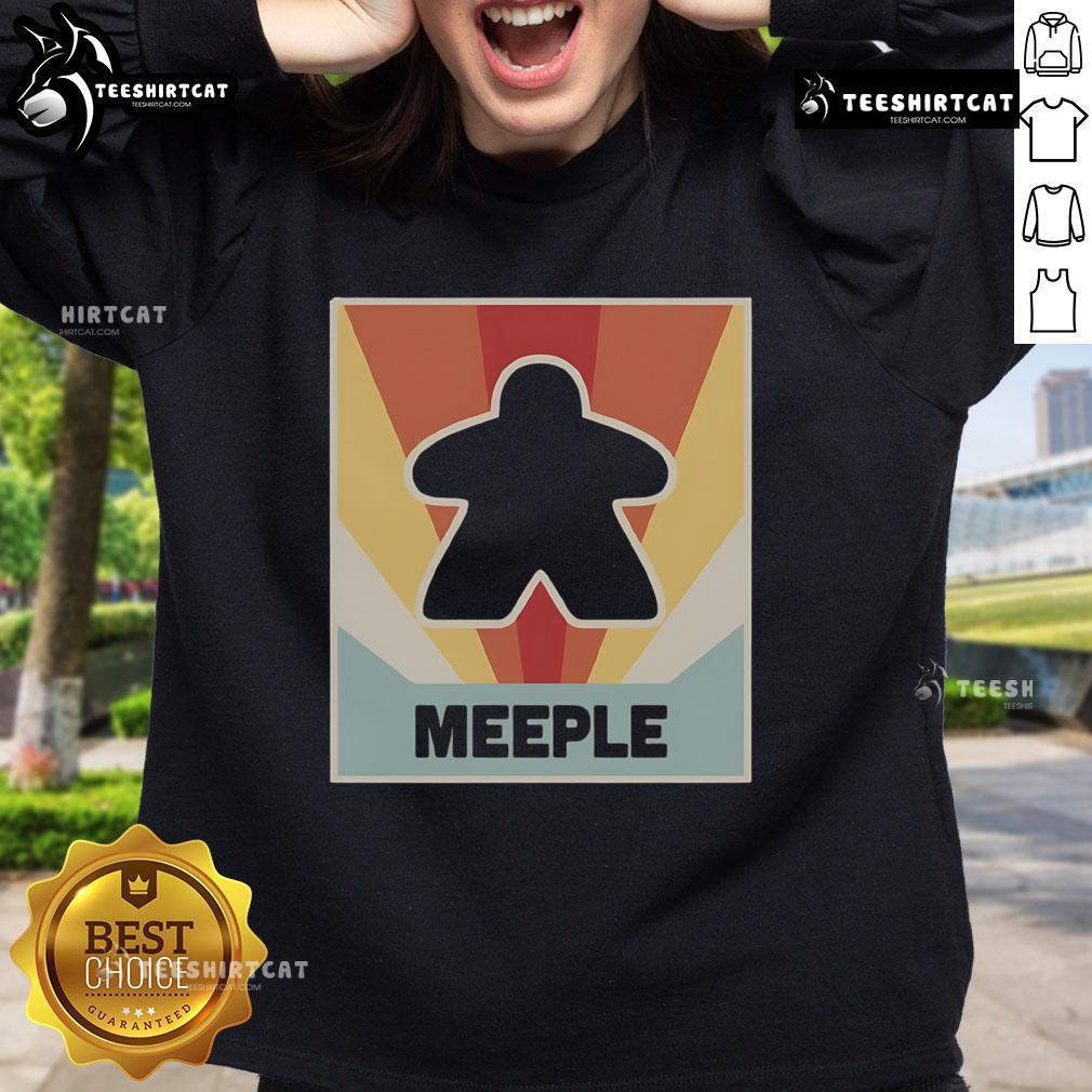 Cozy vintage MEEPLE board game sweatshirt featuring colorful game pieces, perfect for board game enthusiasts.
