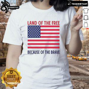 Vivek Ramaswamy wearing a Land of the Free Because of the Brave ladies tee, showcasing patriotic style and pride.
