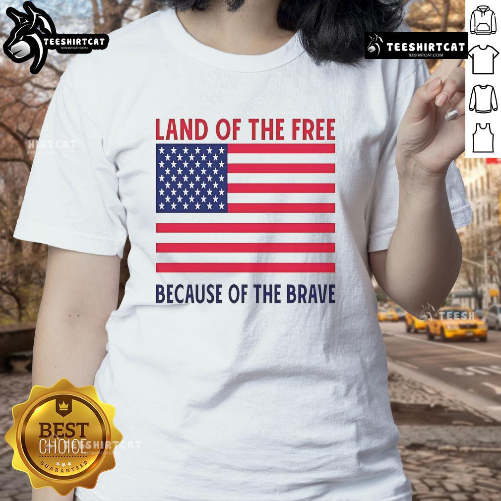 Vivek Ramaswamy wearing a Land of the Free Because of the Brave ladies tee, showcasing patriotic style and pride.