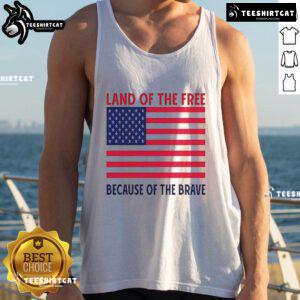 Vivek Ramaswamy wearing a 'Land of the Free Because of the Brave' tank top during a public event.