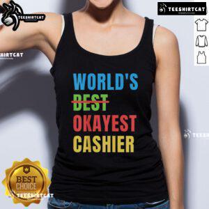 Alt Text: Nice Worlds Okayest Cashier Tank Top featuring a humorous graphic design, perfect for casual wear and gift ideas.